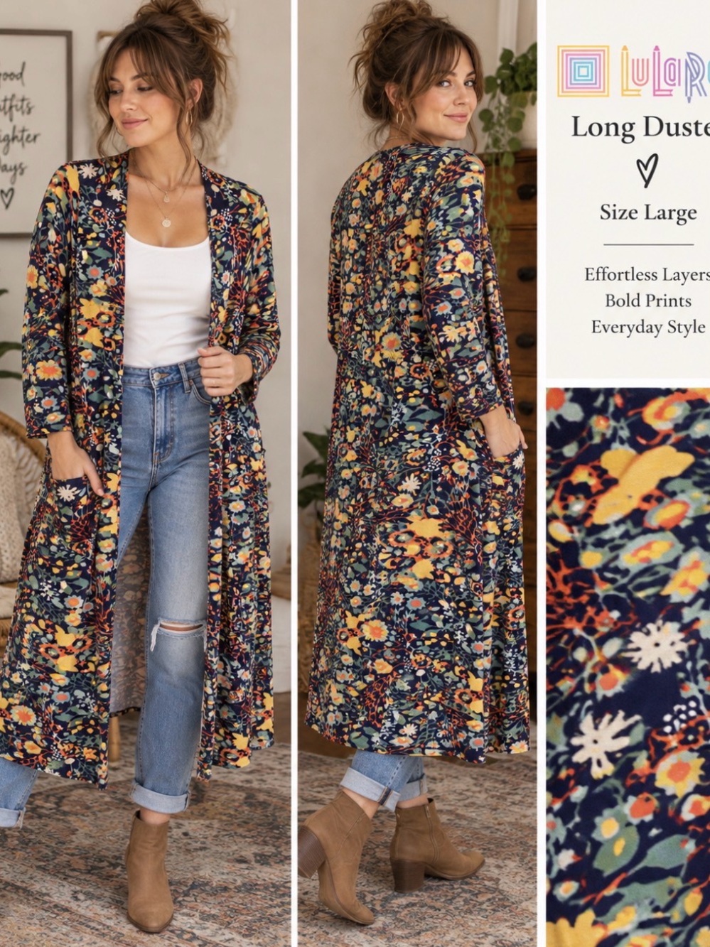 Floral Open-Front Long Cardigan Knit- Navy - busy floral -roomy size large